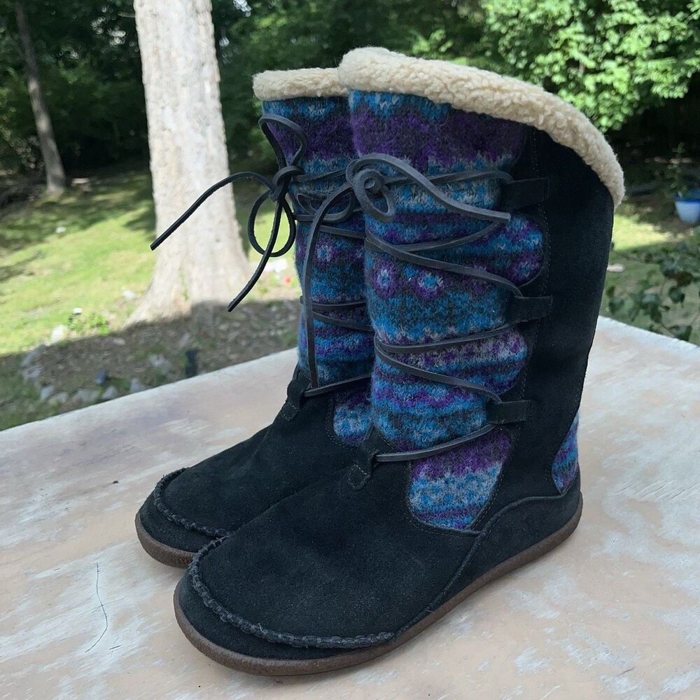 Acorn Suede And Textile Mix Nepal Boots - Blue Mix Sz 8 Cozy And Warm Snow Boots